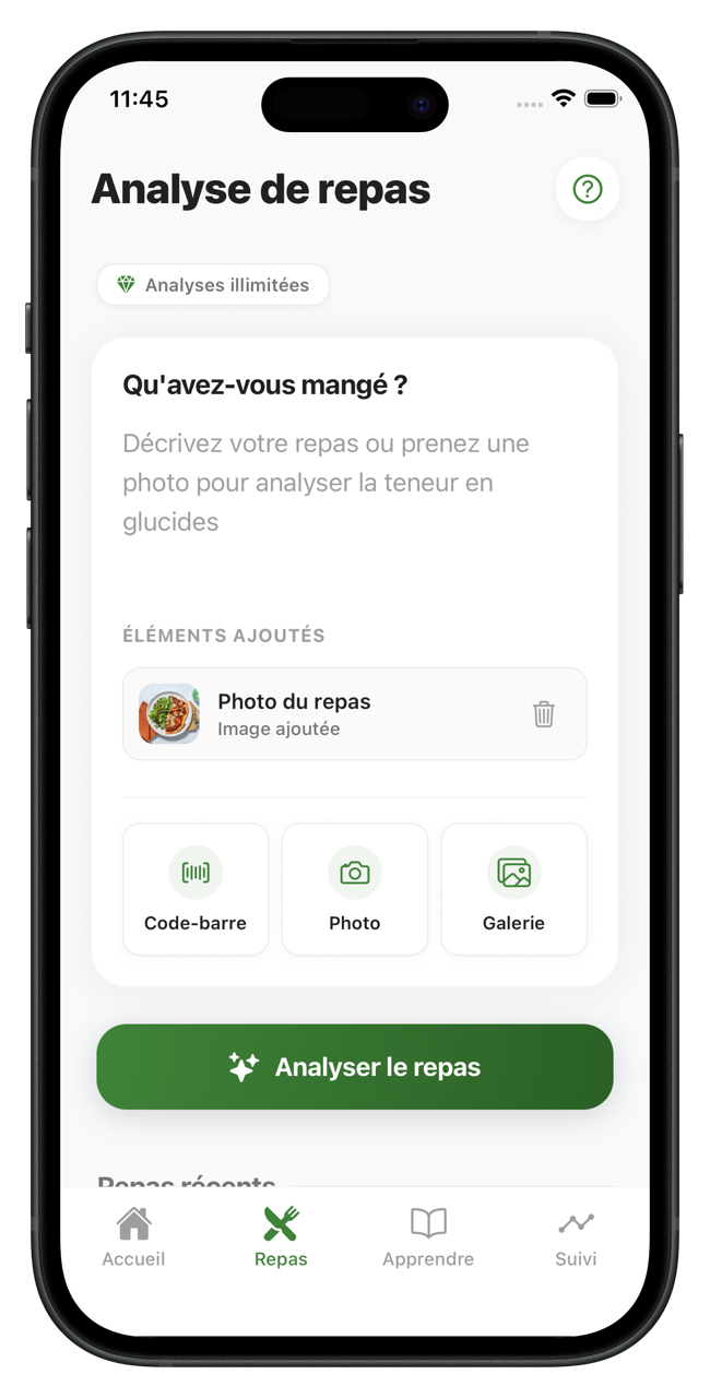 Écran d'ajout de repas Lullo - Photo, texte ou code-barres pour analyser les glucides
